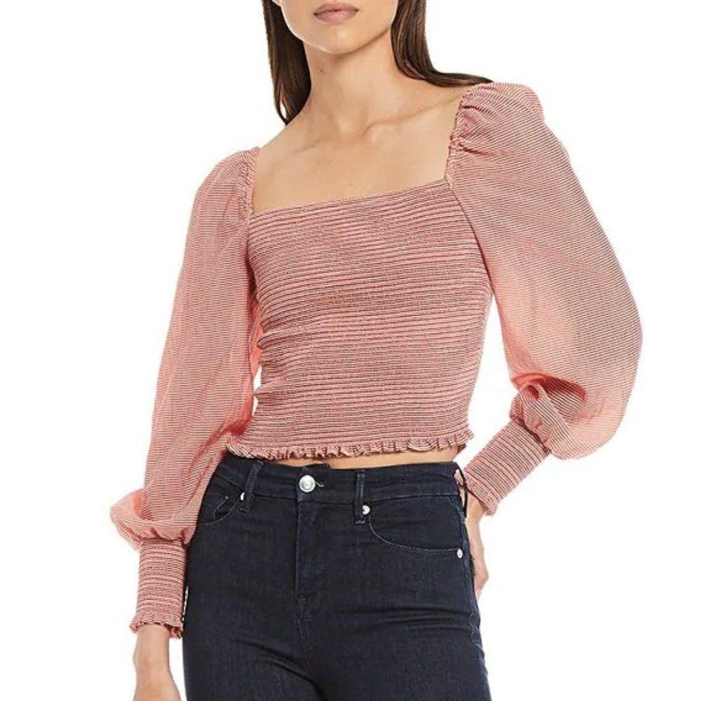 Gianni Bini Angel Woven Striped Smocked Square Neck Long Puff Sleeve Top XL NWT